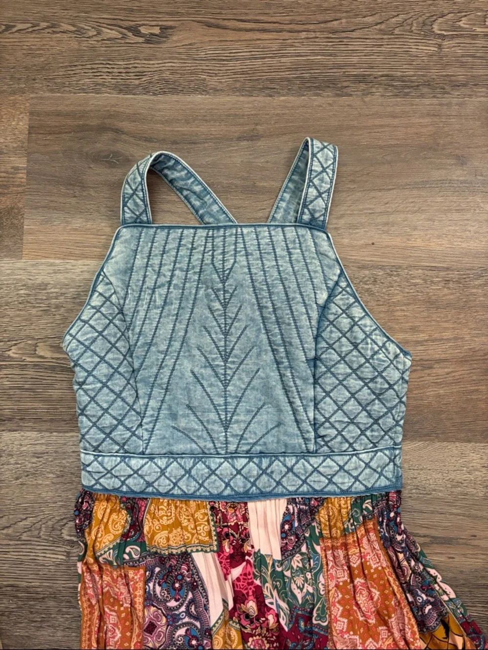 Quilted Bodice Patchwork Maxi Dress in Light Blue and Multi - Picture 2 of 5